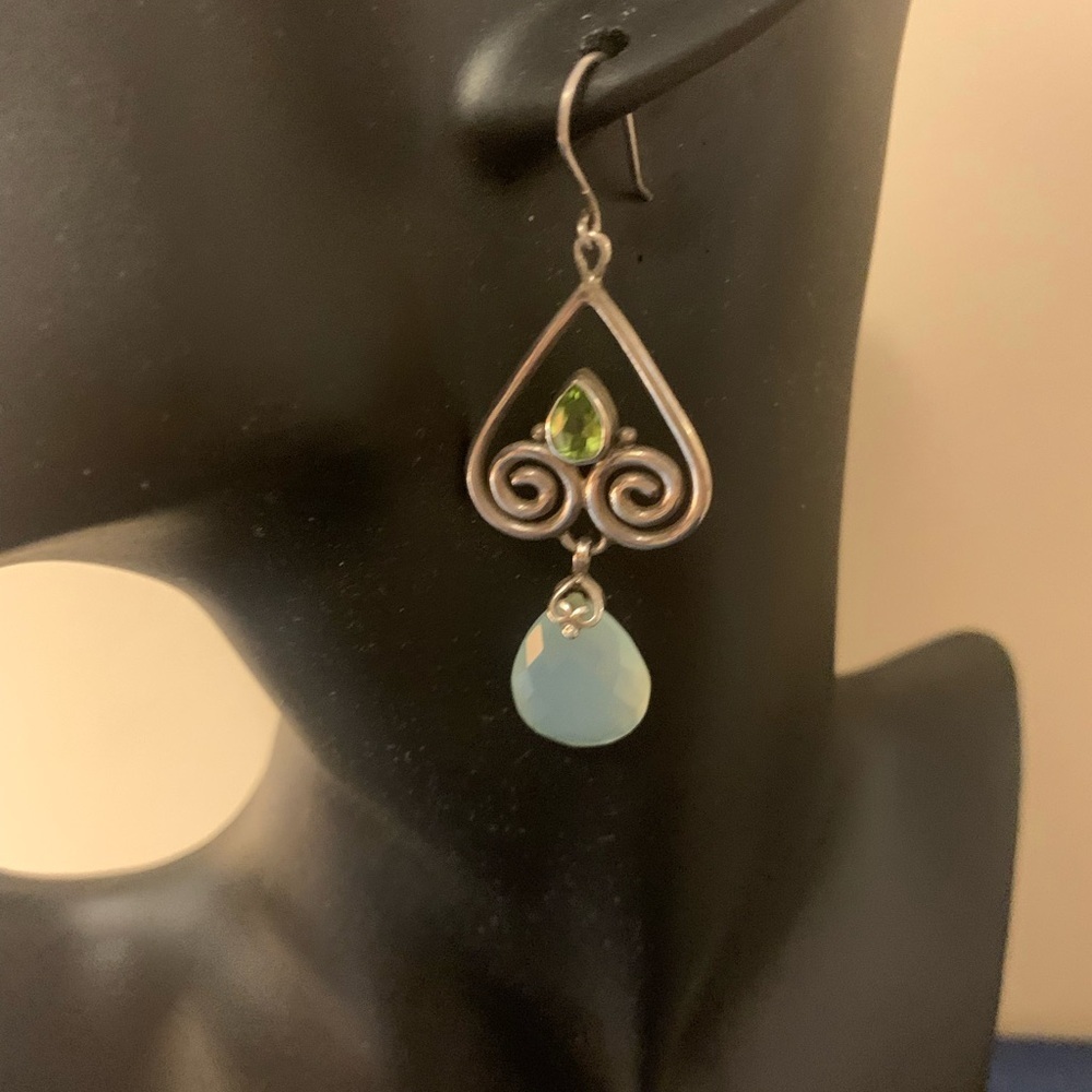 925 sterling silver dangling earrings w aquamarine/peridot